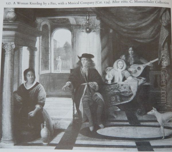 A Woman kneeling by a Fire with a Musical Company - view 1