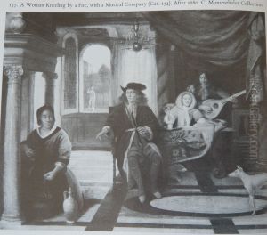 A Woman kneeling by a Fire with a Musical Company by Pieter De Hooch