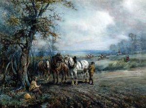 Plough Team Resting At Lunch, A Hunt In The Distance