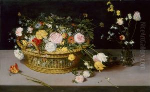 Flowers in a Basket and a Vase by Jan Brughel