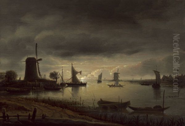 River Scene with Windmill and Boats, Evening - view 1