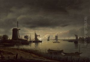 River Scene with Windmill and Boats, Evening by Anthonie Van Borssom