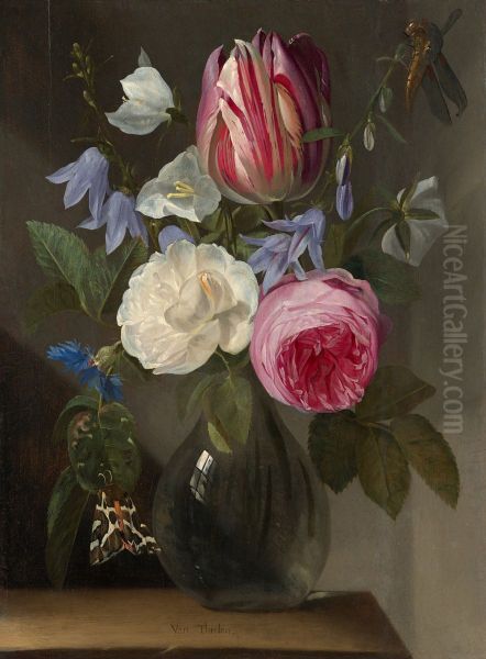 Roses and a Tulip in a Glass Vase - view 1