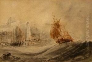 Shipping On Rough Seas With Lighthouse In The Distance by Henry Barlow Carter