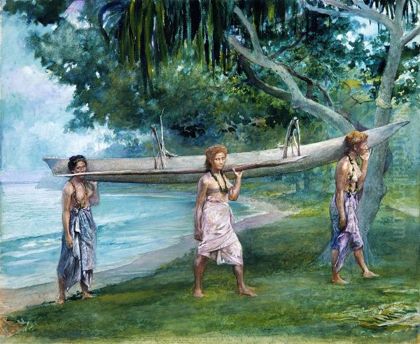 Girls Carrying a Canoe, Vaiala in Samoa - view 1