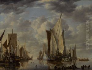 Shipping in a Calm at Flushing with a States General Yacht Firing a Salute by Jan Van De Cappelle