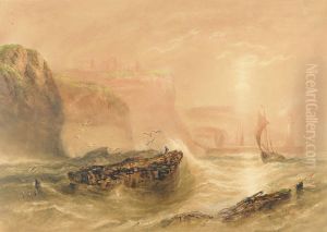 Fishing Boats Off Whitby Harbour, The Abbey In The Distance by Joseph Newington Carter