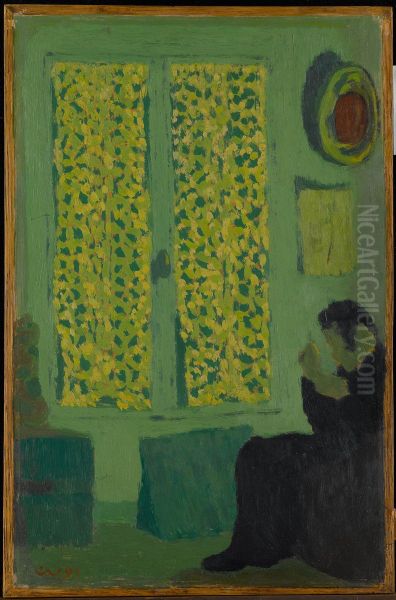 L'Interieur vert ou Figure aupres d'une fenetre a rideaux fermes - view 1