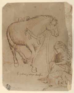 A Man Asleep Alongside a Dog and a Horse A Man Asleep Alongside a Dog and a Horse