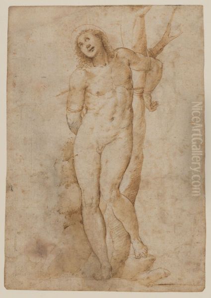 Saint Sebastian (recto); sketches of a male head and a standing figure in a short cape; a copy of the figure on the recto (verso) - view 1