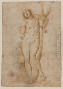 Saint Sebastian (recto); sketches of a male head and a standing figure in a short cape; a copy of the figure on the recto (verso)