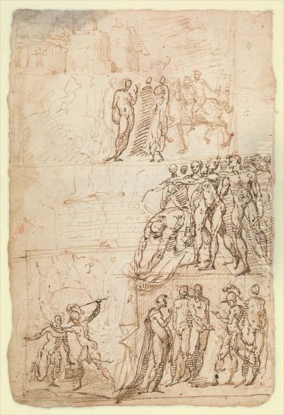 Page from a Sketchbook Depicting a City under Siege and a Scene of Homage(?) (recto); standing figures and a horseman; male and female figures; a battle scene (verso) - view 1