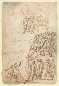 Page from a Sketchbook Depicting a City under Siege and a Scene of Homage(?) (recto); standing figures and a horseman; male and female figures; a battle scene (verso) by Domenico Beccafumi