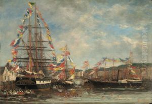 Festival in the Harbor of Honfleur by Eugene Louis Boudin