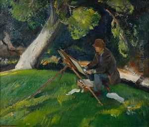 An Artist Painting Outdoors At His Easel by Pruett Carter