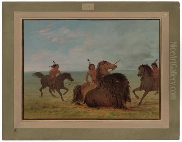 Camanchees Lancing a Buffalo Bull - view 1
