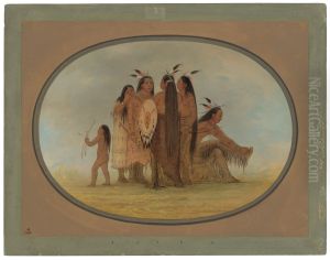 Four Mandan Warriors, a Girl, and a Boy by George Catlin