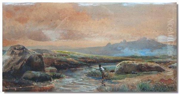 Angler At A Stream With Hills Beyond - view 1