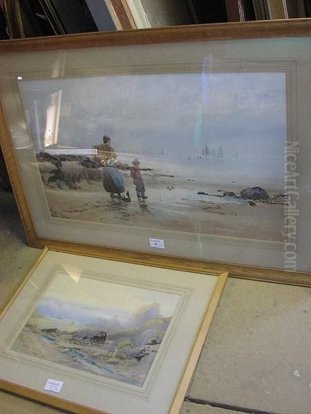 Beach Scene With A Mother And Son Looking Onto The Sea, Sailing Boats Beyond, Signed, Watercolour - view 1