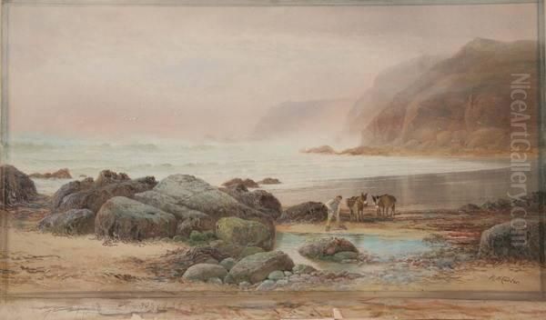 Man With Mules On Beach, Cornwall - view 1