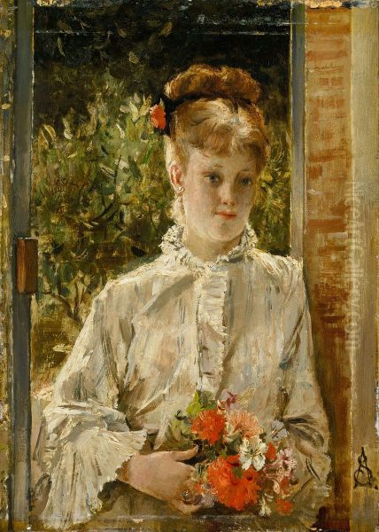 Young Woman in White Holding a Bouquet - view 1