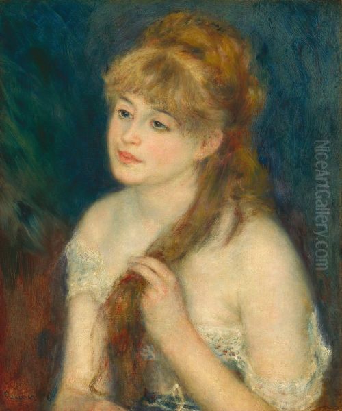 Young Woman Braiding Her Hair - view 1