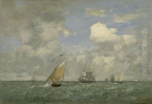 Ships and Sailing Boats Leaving Le Havre by Eugene Louis Boudin