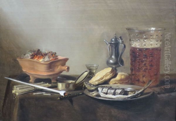 Still life with clay pipe, beer, and herring - view 1
