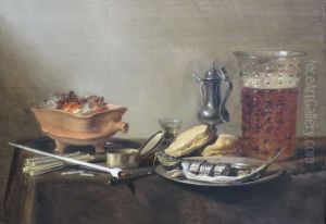 Still life with clay pipe, beer, and herring by Pieter Claesz