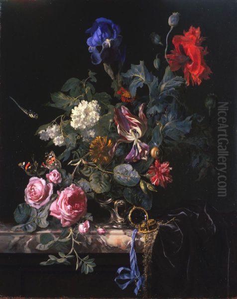 Flowers in a silver vase with a watch - view 1