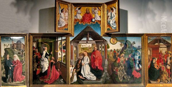 De visitatie (links), de verkondiging aan Augustus, de geboorte en de verkondiging aan de herders (midden), de aanbidding van de Wijzen (rechts) - view 1