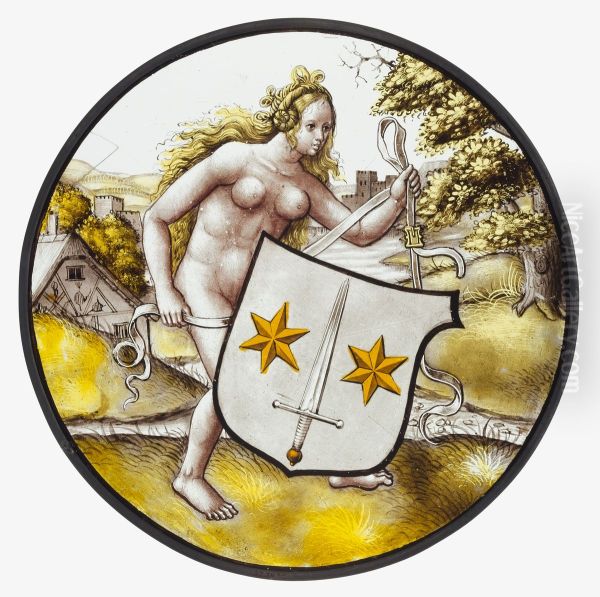 Roundel with Nude Woman Supporting a Heraldic Shield - view 1