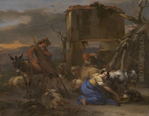 Pastoral Scene with a Shepherdess Milking a Goat - view 1