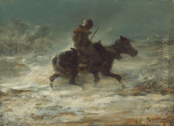 Man with Lance Riding through the Snow - view 1