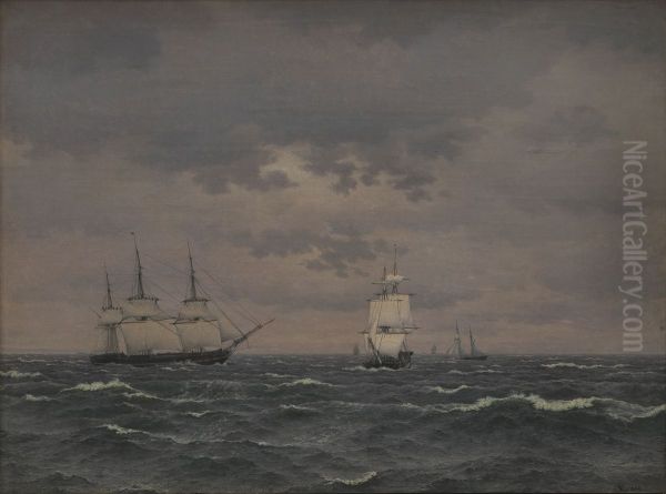 En korvet, som indtager reb i merssejlene i en tiltagende kuling og nogle andre sejlere - view 1