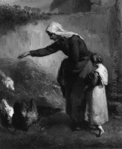Woman Feeding Chickens by Jean-Francois Millet