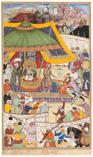 The Young Emperor Akbar Arrests the Insolent Shah Abu'l-Maali, page from a manuscript of the Akbarnama - view 1