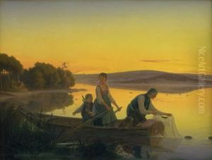 En gammel fisker der om aftenen saetter sine garn ud by Jorgen Valentin Sonne