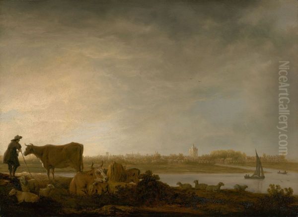 A View of Vianen with a Herdsman and Cattle by a River - view 1