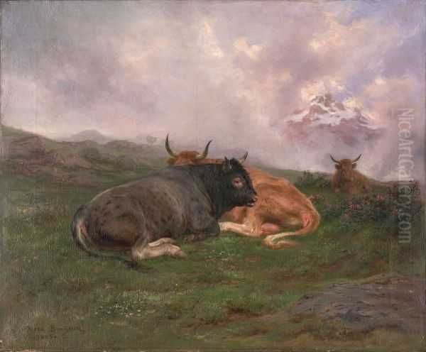 Cattle at Rest on a Hillside in the Alps - view 1