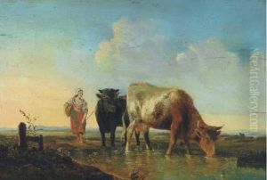 Cows Watering In A Stream by Victor Emile Cartier