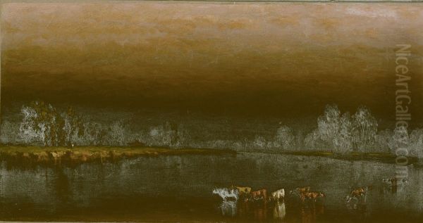 Cows in a Pond at Sunset - view 1