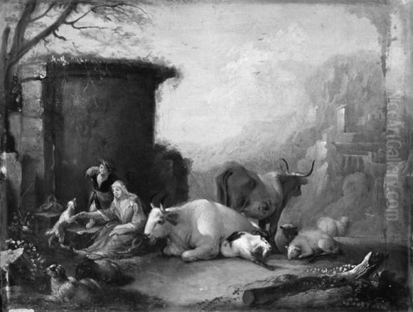 Landscape with Cattle, the Shepherdess Playing with a Dog - view 1