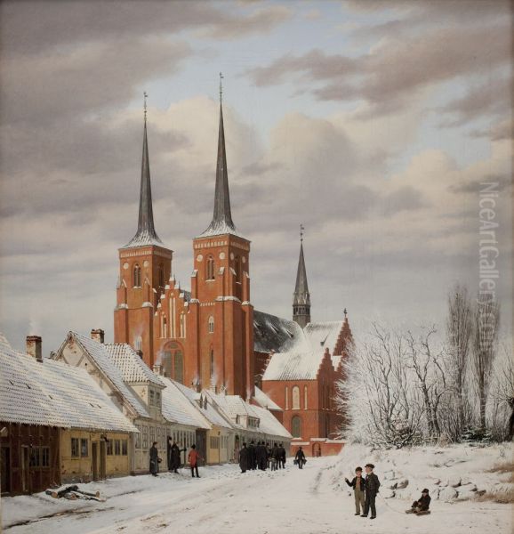 Street in Roskilde. In the Background the Cathedral - view 1