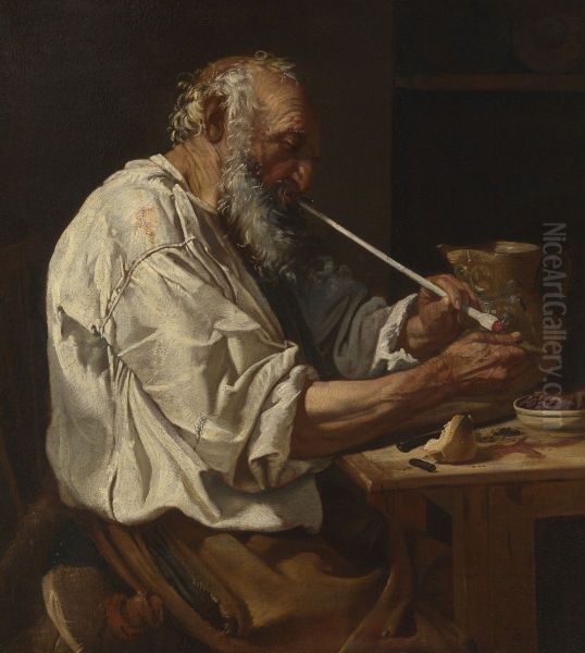 Old Peasant Lighting a Pipe - view 1