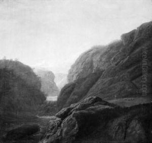 Norsk landskab med en elv og et vandfald mellem klipper by Johan Wilhelm Ludwig Dahl
