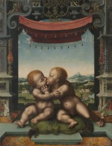 The Infants Christ and Saint John the Baptist Embracing by Joos van Cleveand workshop