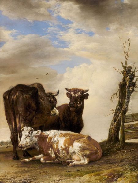 Two Cows and a Young Bull beside a Fence in a Meadow - view 1