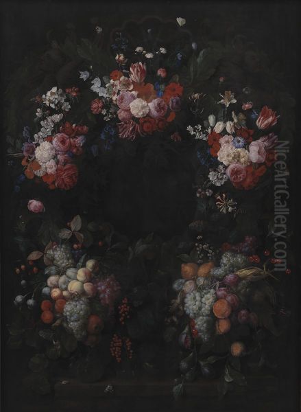 Stone Cartouche with Fruit and Flower Garland - view 1