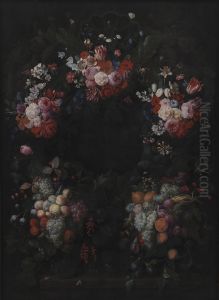 Stone Cartouche with Fruit and Flower Garland by Joris Van Son